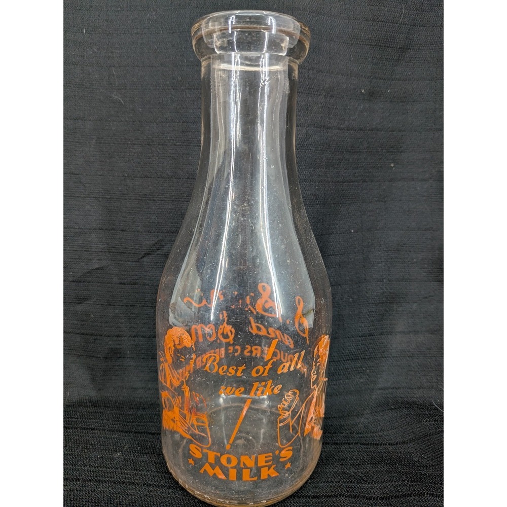 RARE VTG One Quart Glass Milk Bottle STONE'S DAIRY Orange Boy Girl Kids Graphic